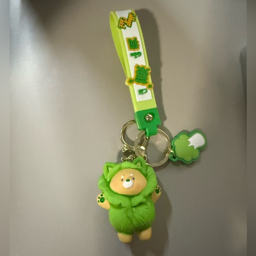 Cute Green Cabbage Bear Keychain with Lanyard